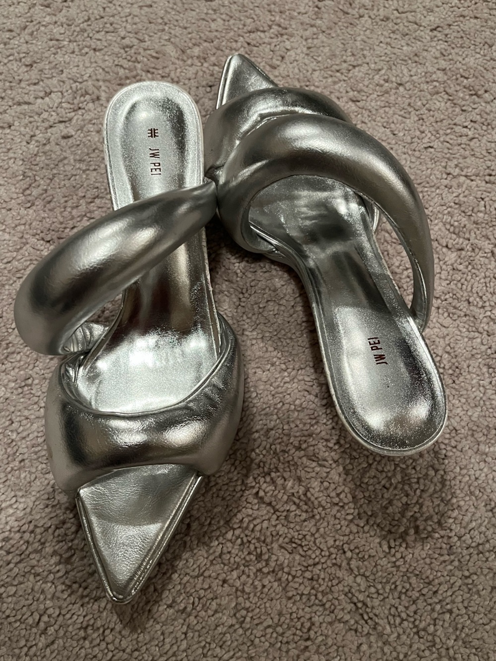 JW PEI Metallic Silver Twisted Knot Slide Mules